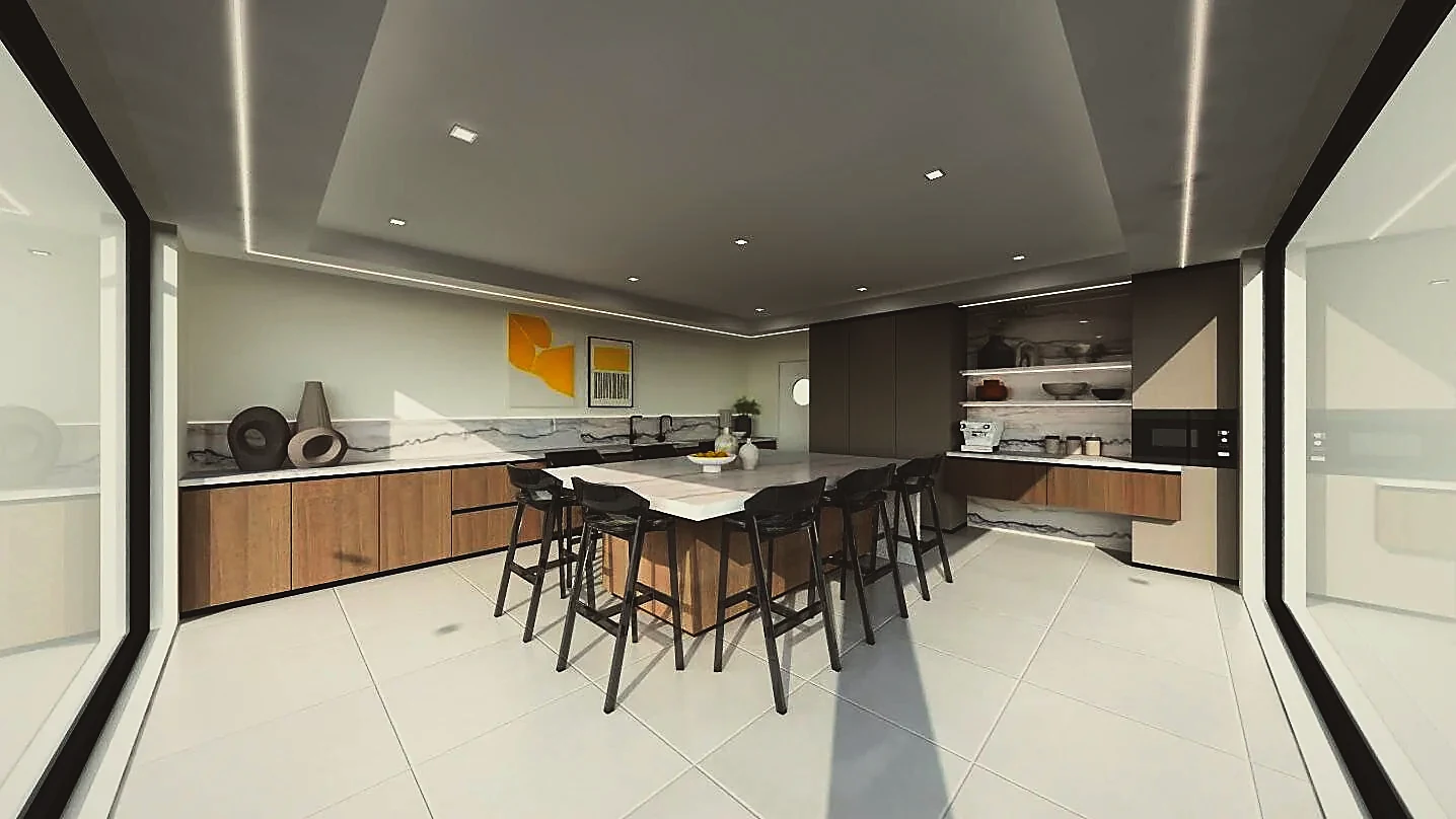 Built kitchen joinery with dark cabinetry and stone worktop, Hall of Diamonds, Sandton
