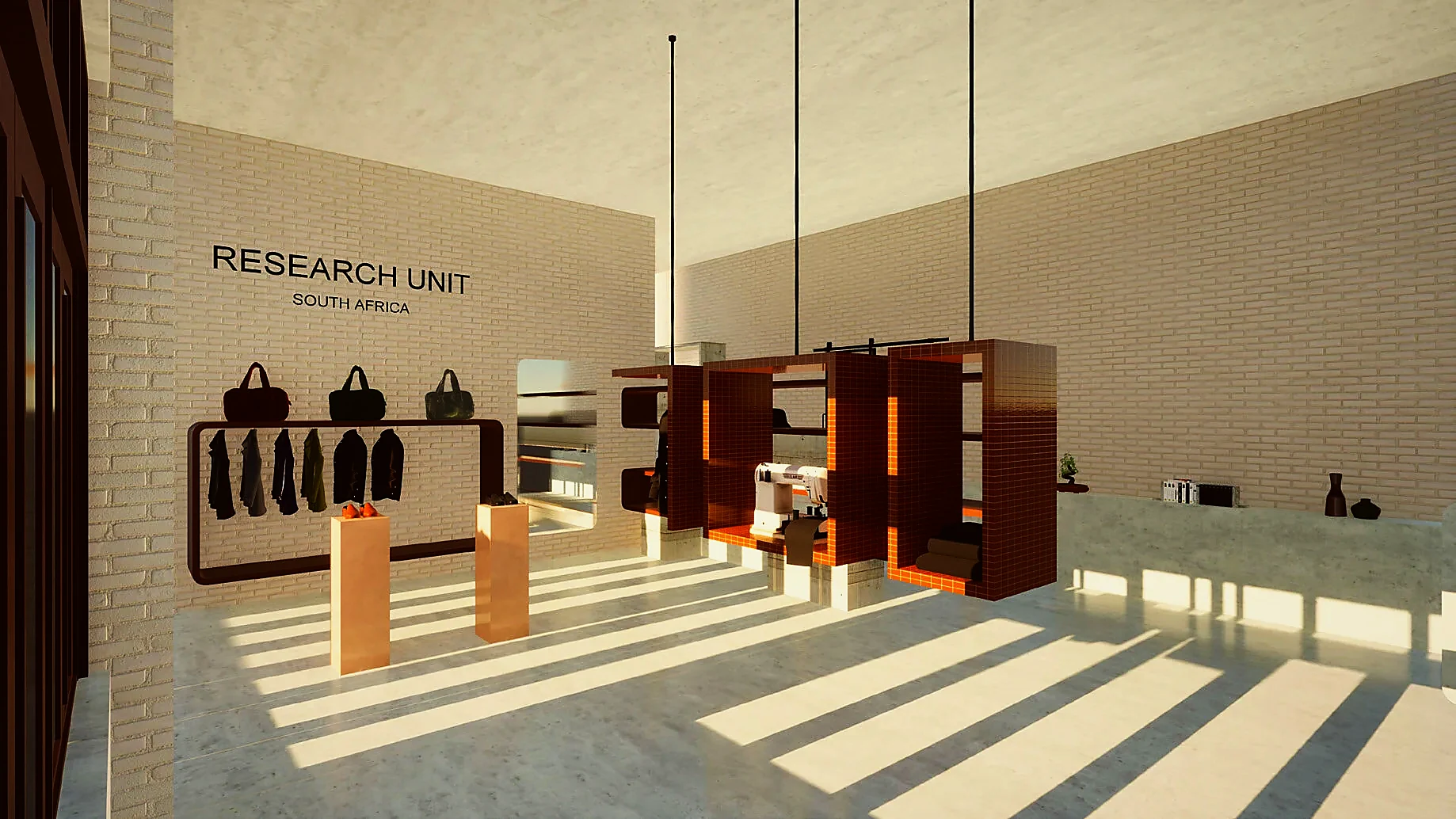 Retail interior with hanging garment displays staged as an exhibition sequence