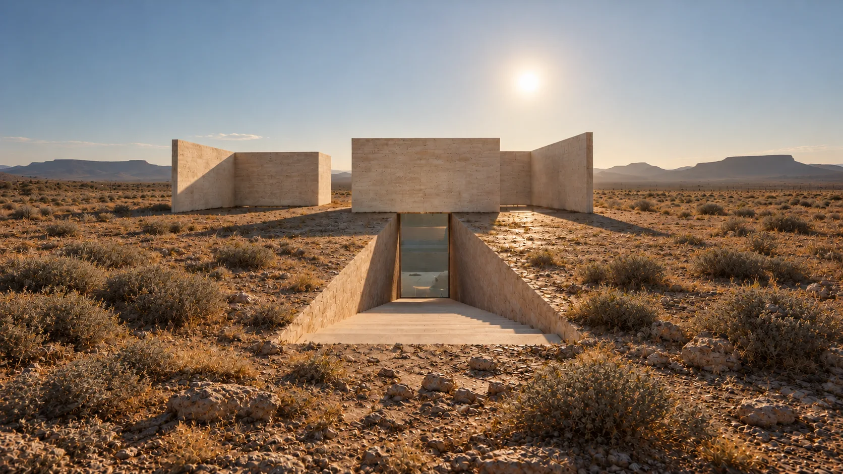 Sunken courtyard with water channel and high walls