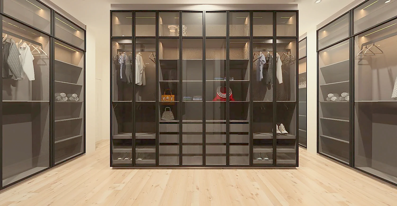 Dressing room of floor-to-ceiling smoked-glass cases in slim black framing, lit from within