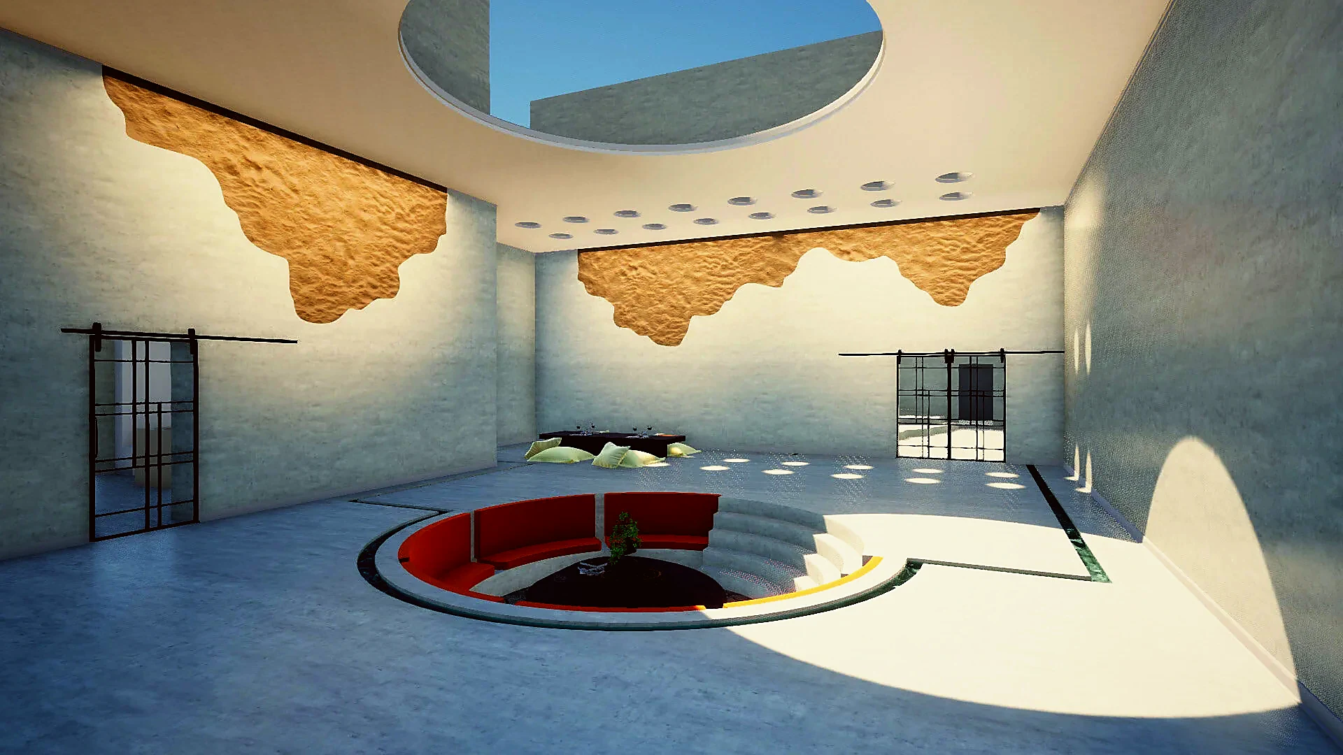 Sunken courtyard with water channel and high walls