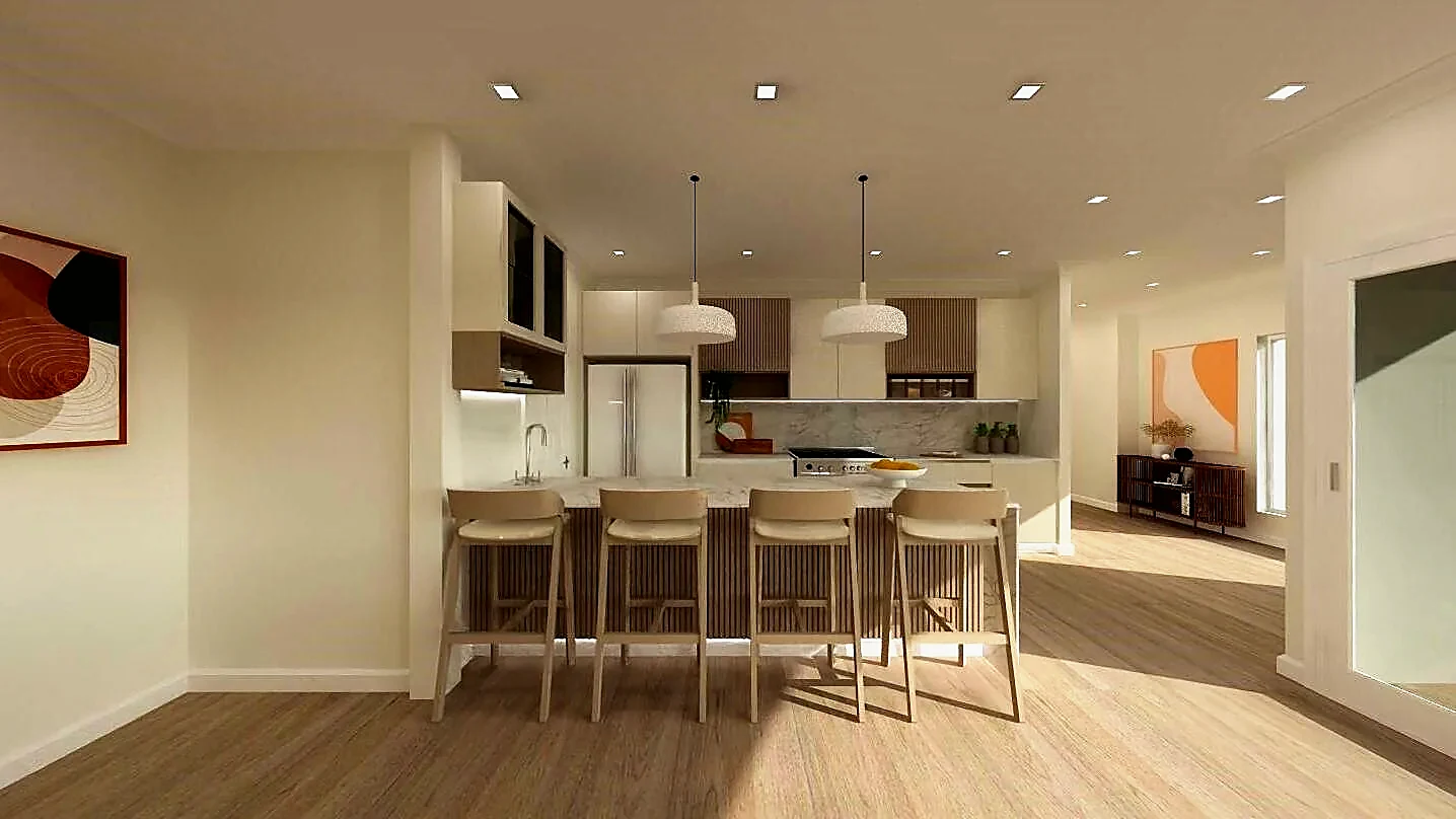 Vawda House — kitchen with island and tall bank of units