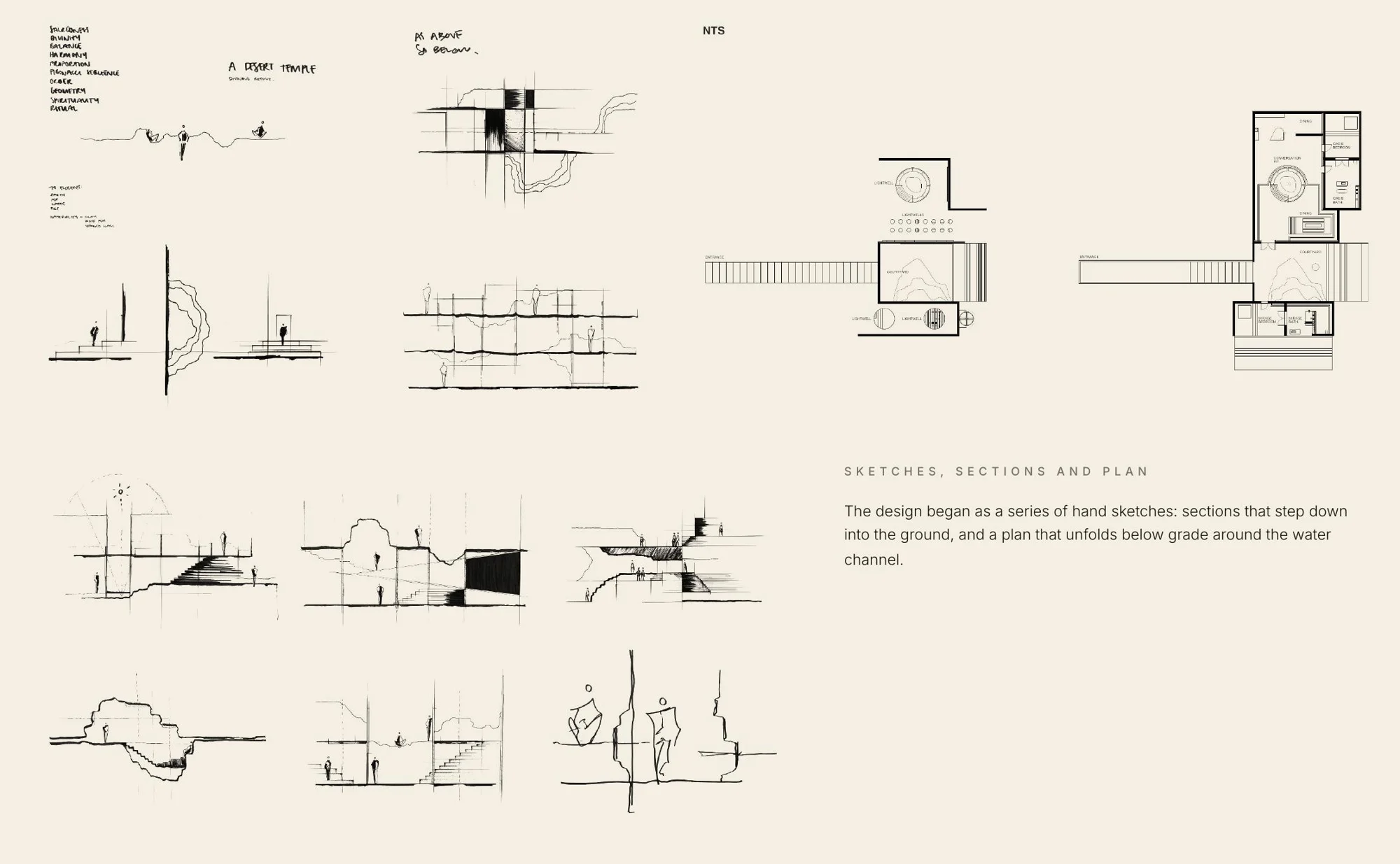 Hand sketches, sections and plan stepping down into the ground