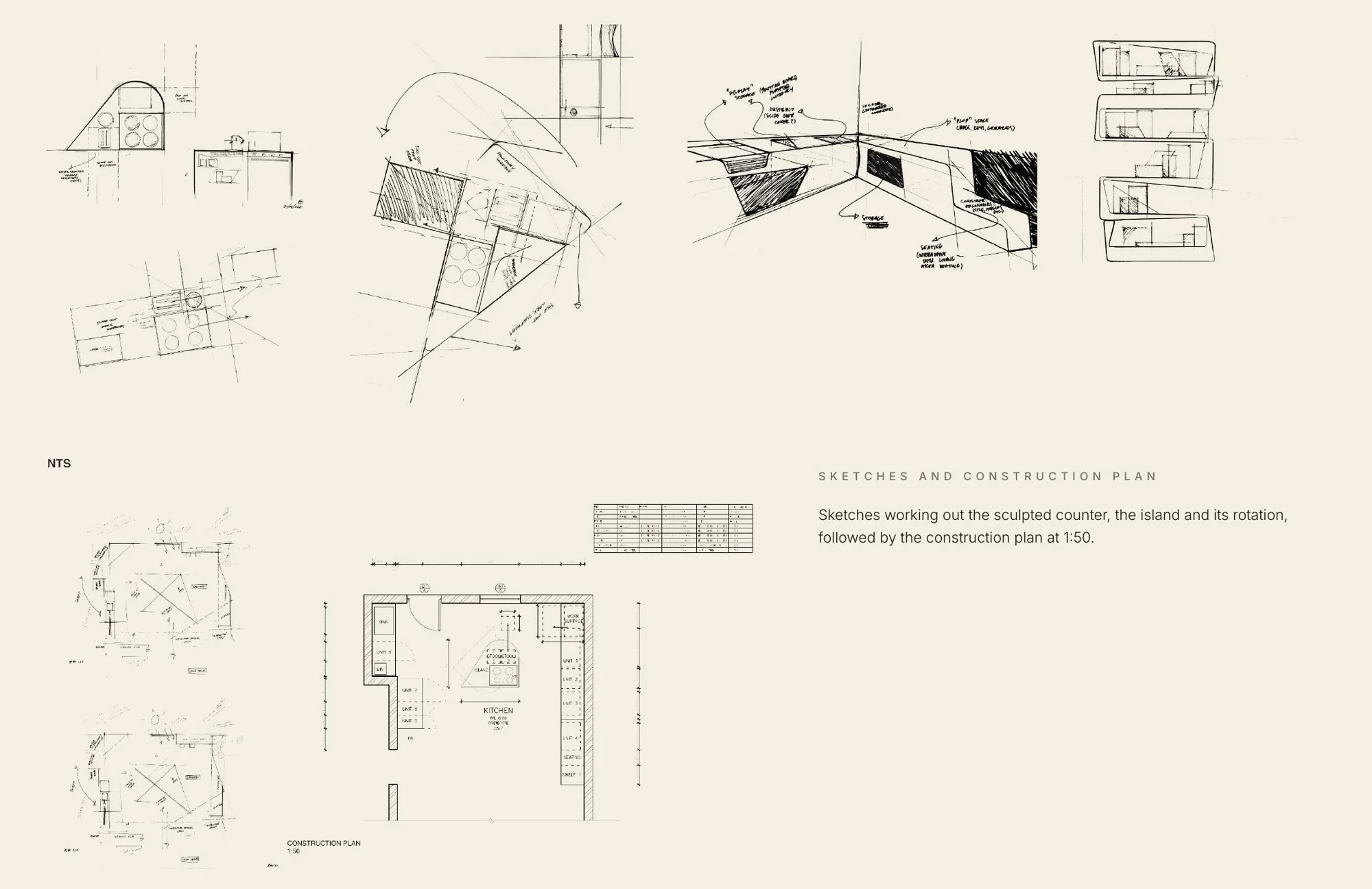 Sketches of the sculpted counter and rotating island, with the construction plan at 1:50