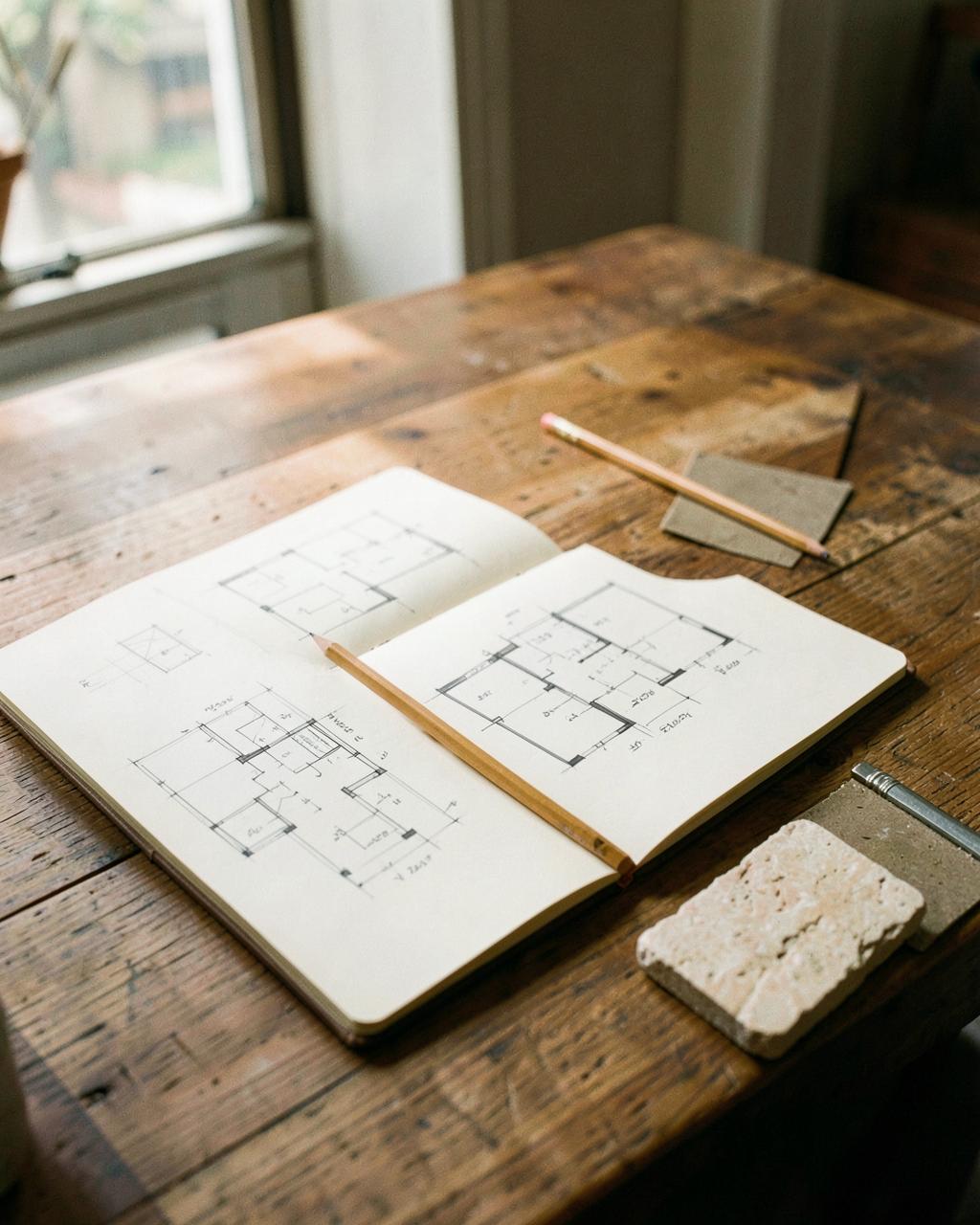 Sketchbook open to hand-drawn floor plans on an oak table with material swatches