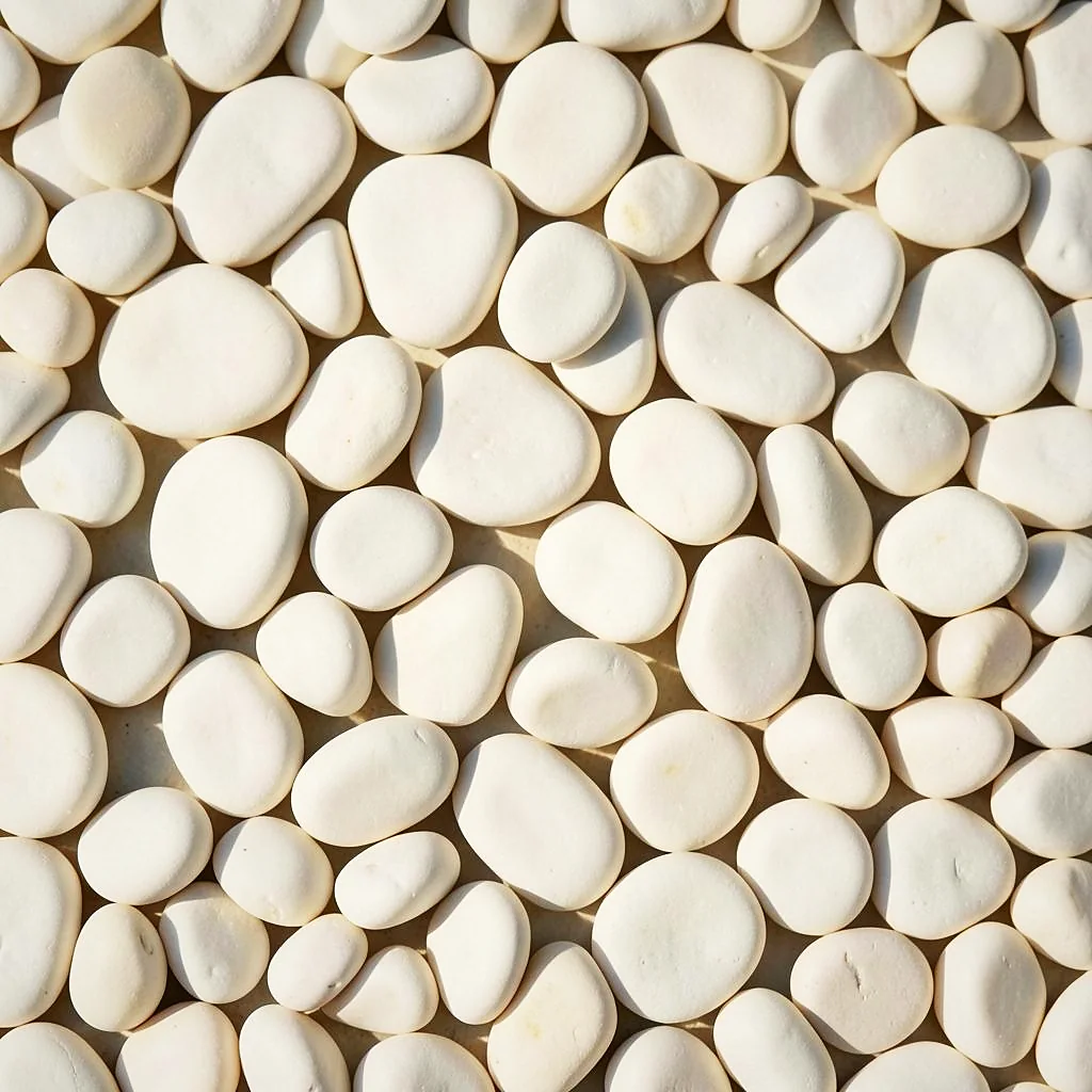 White rounded pebbles forming the base of the contained garden