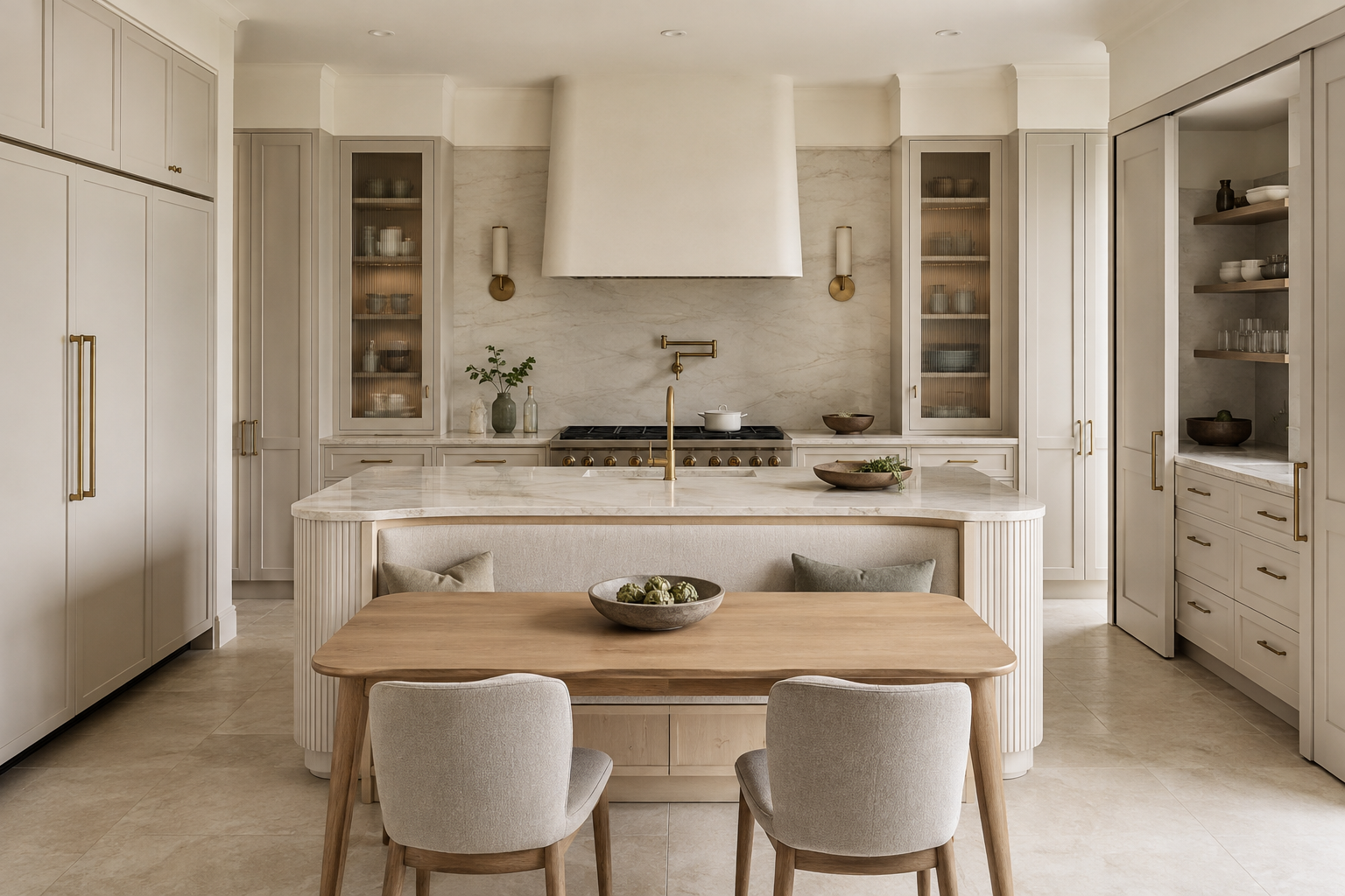 Warm kitchen with a marble-topped island, integrated dining seating, glazed cabinetry and brass hardware