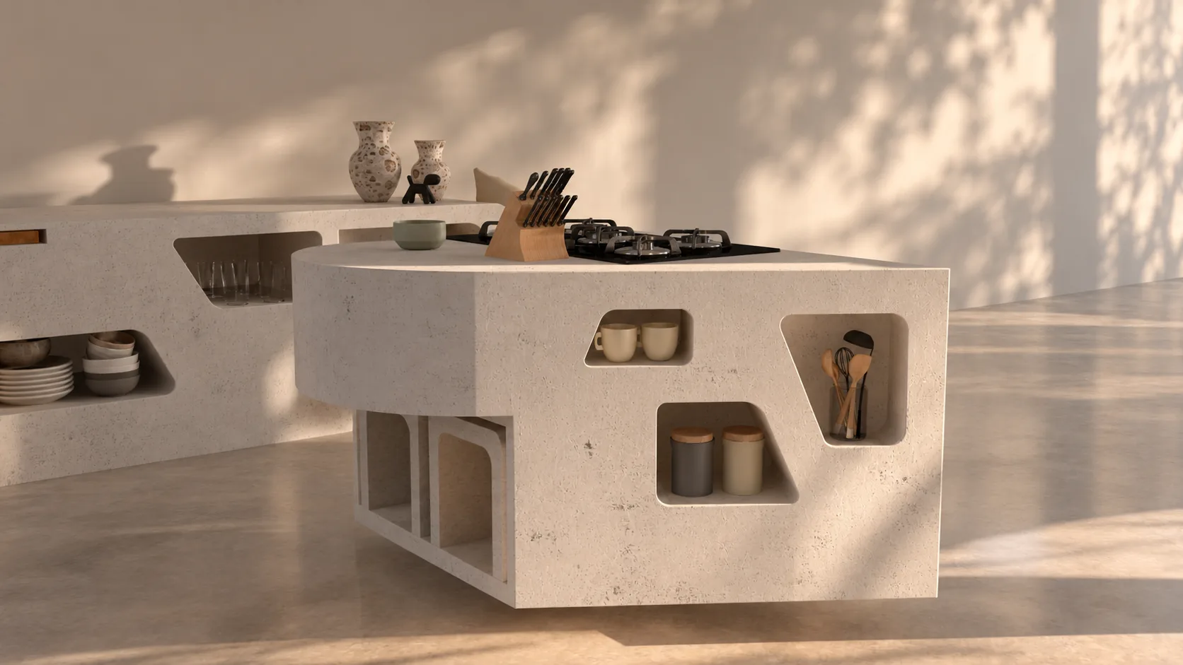 Integrated seating extracted from the island