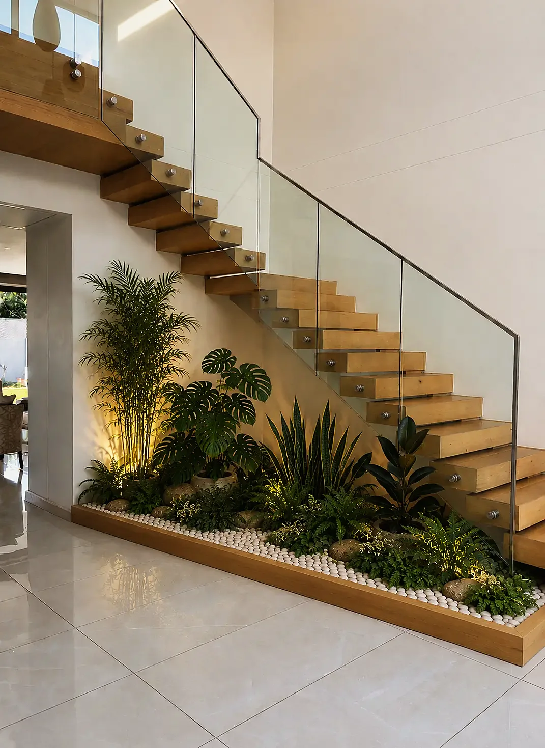 Contained garden of potted planting, white pebbles and sculptural stone beneath the stair