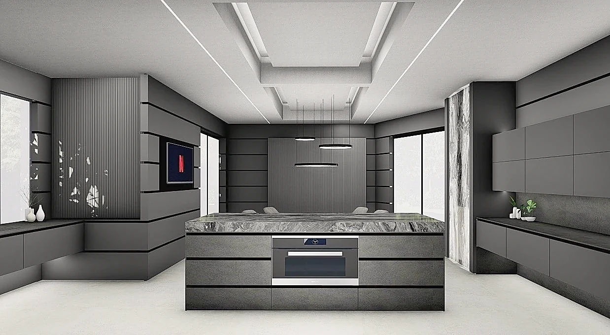 Grey kitchen with a thick veined stone island, fluted tall units and a stepped, linear-lit ceiling