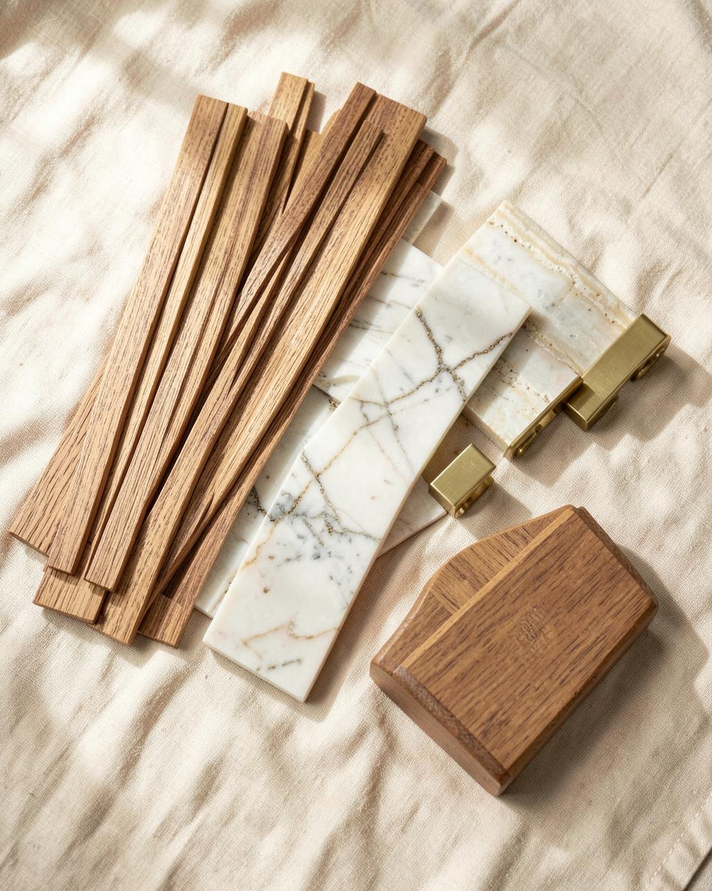 Material samples — oak slats, veined marble, travertine and brass hardware — arranged on linen