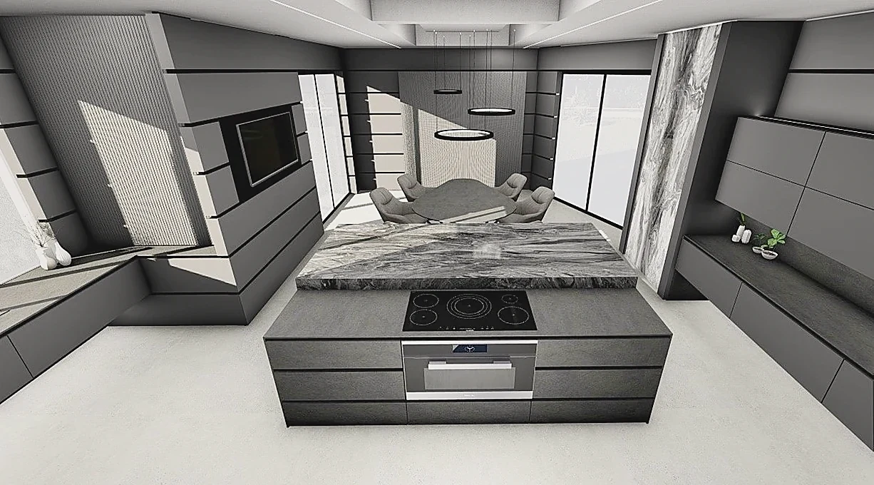 Elevated view of the island showing the hob, oven and cantilevered stone top