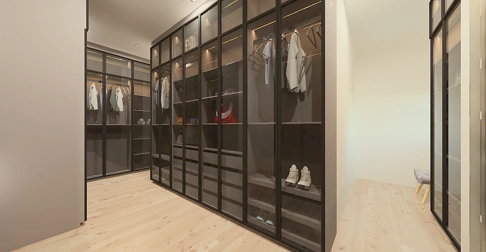 Oblique view along the cases showing depth, shelving and internal light
