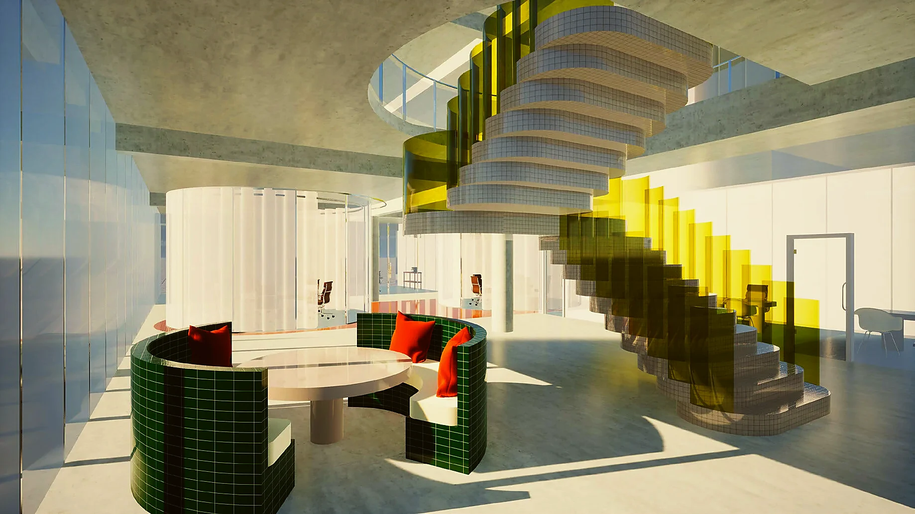 Circular curtained meeting room within the open plan