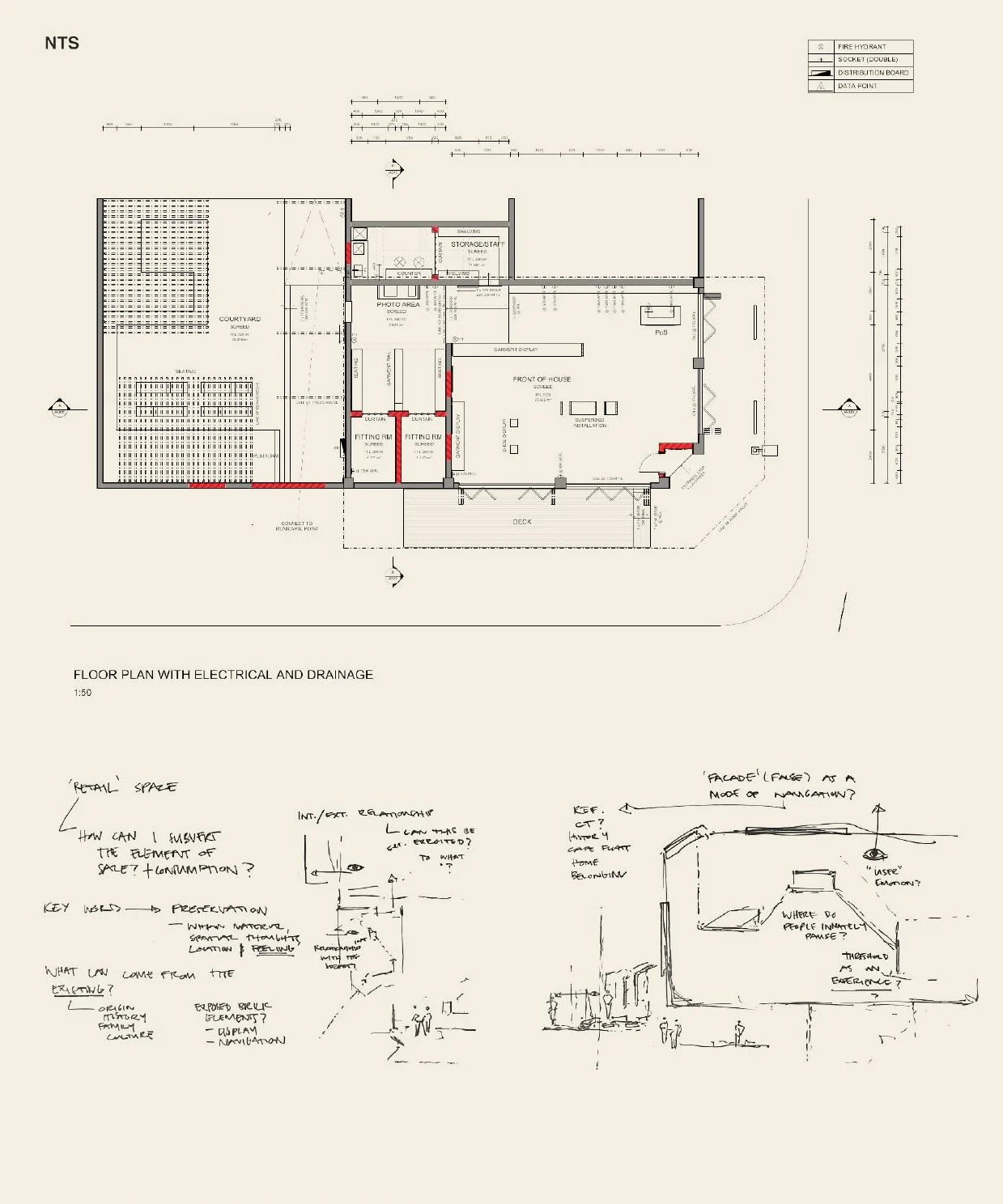Floor plan with electrical and drainage at 1:50, with early sketches