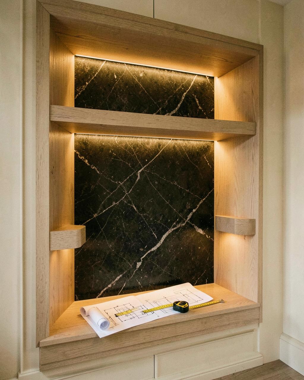 Finished oak shelving niche with dark veined stone and rolled technical drawings at handover