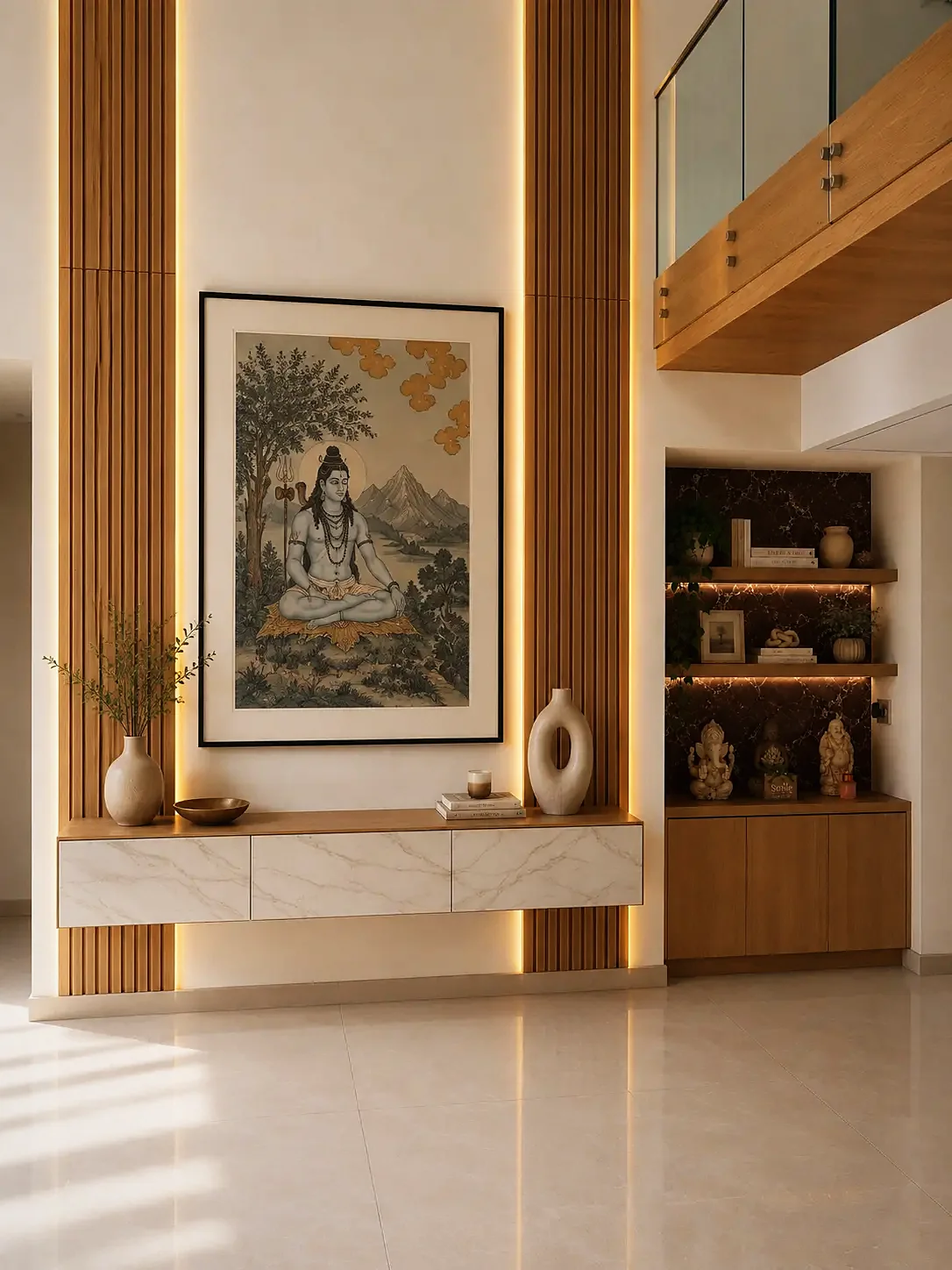 Double-volume entrance hall with vertical oak slats, a floating stone console and concealed warm lighting