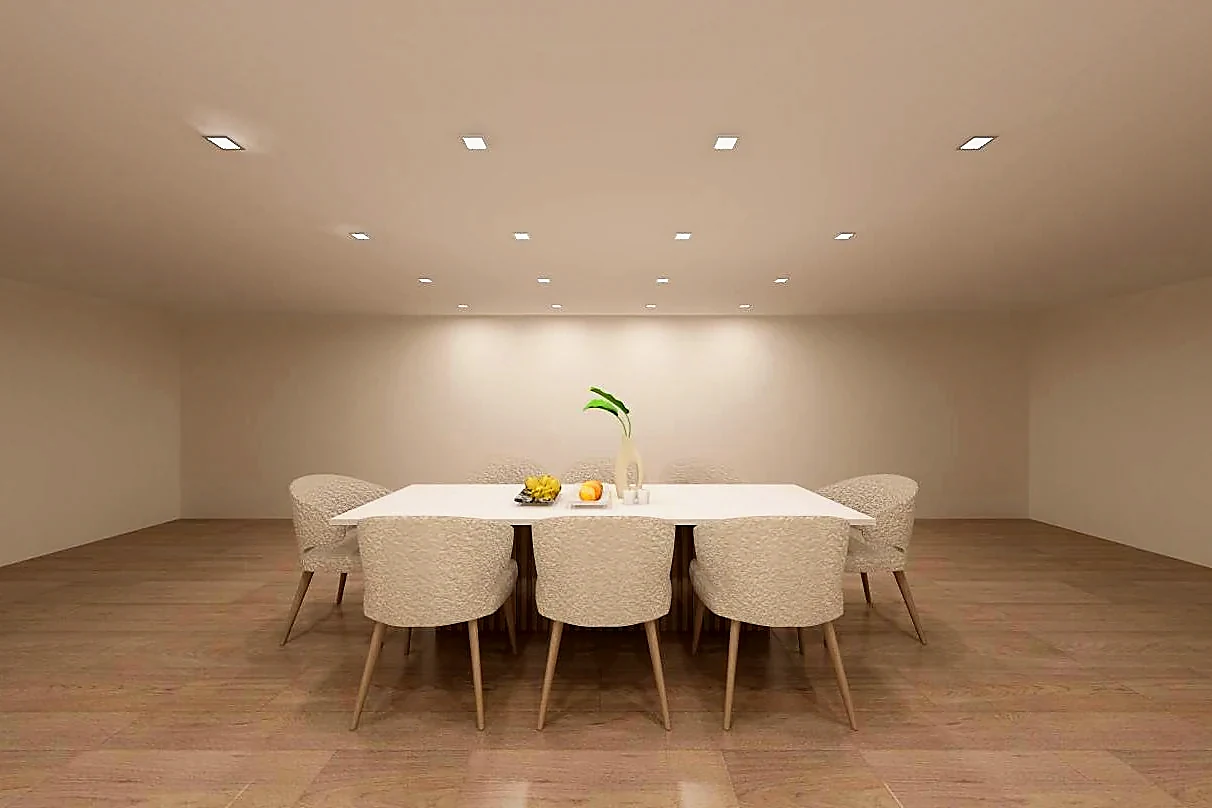 Achary dining table — stone top on a fluted timber base, seating for six