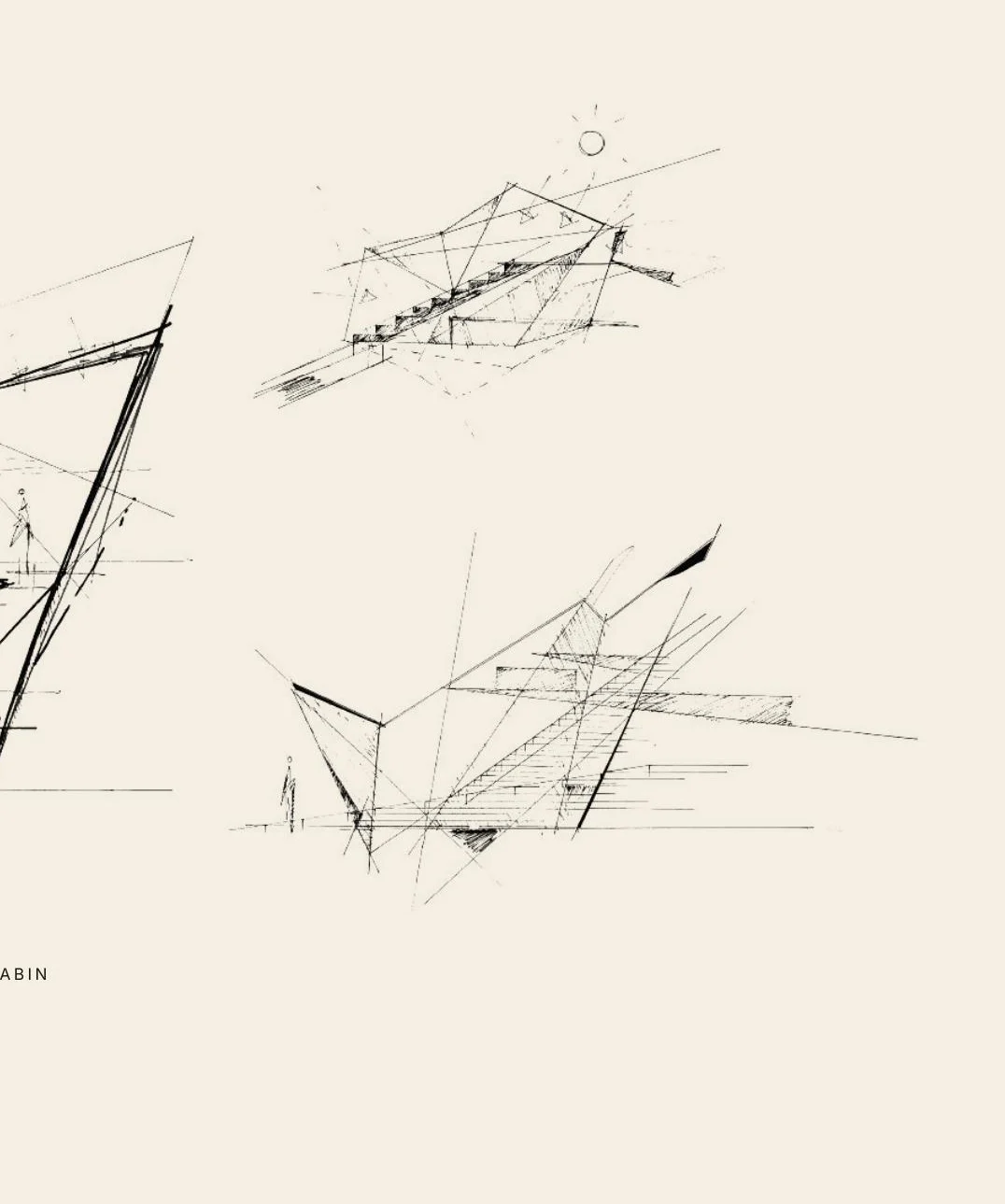 Concept sketches for the cabin — volume, threshold and sightline