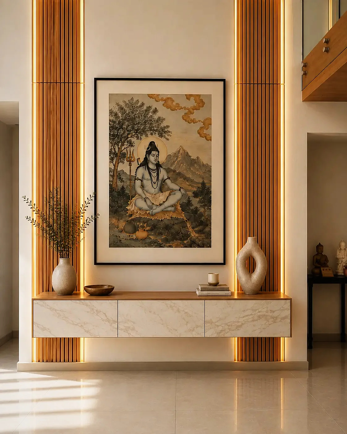 Detail of the floating console with stone fronts and warm light washing the oak behind
