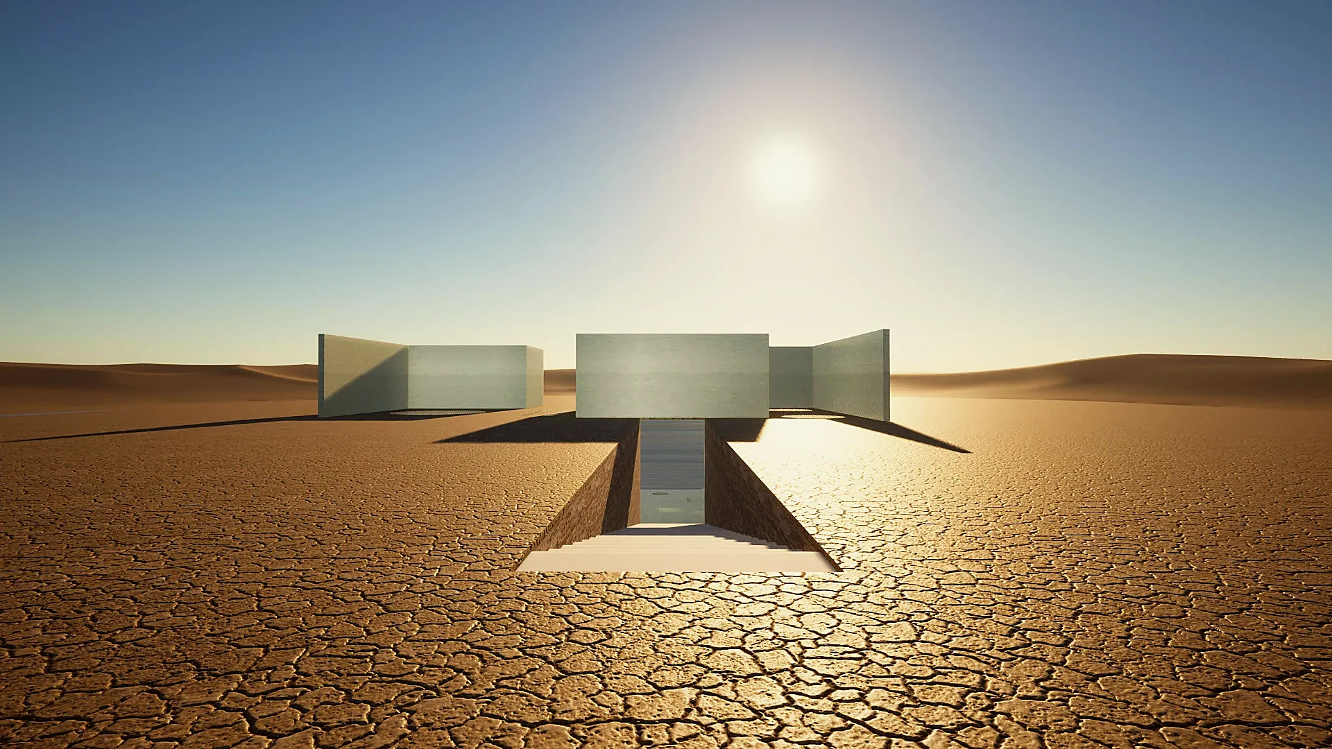 Sunken retreat cut into a cracked desert plain, low walls catching late sun