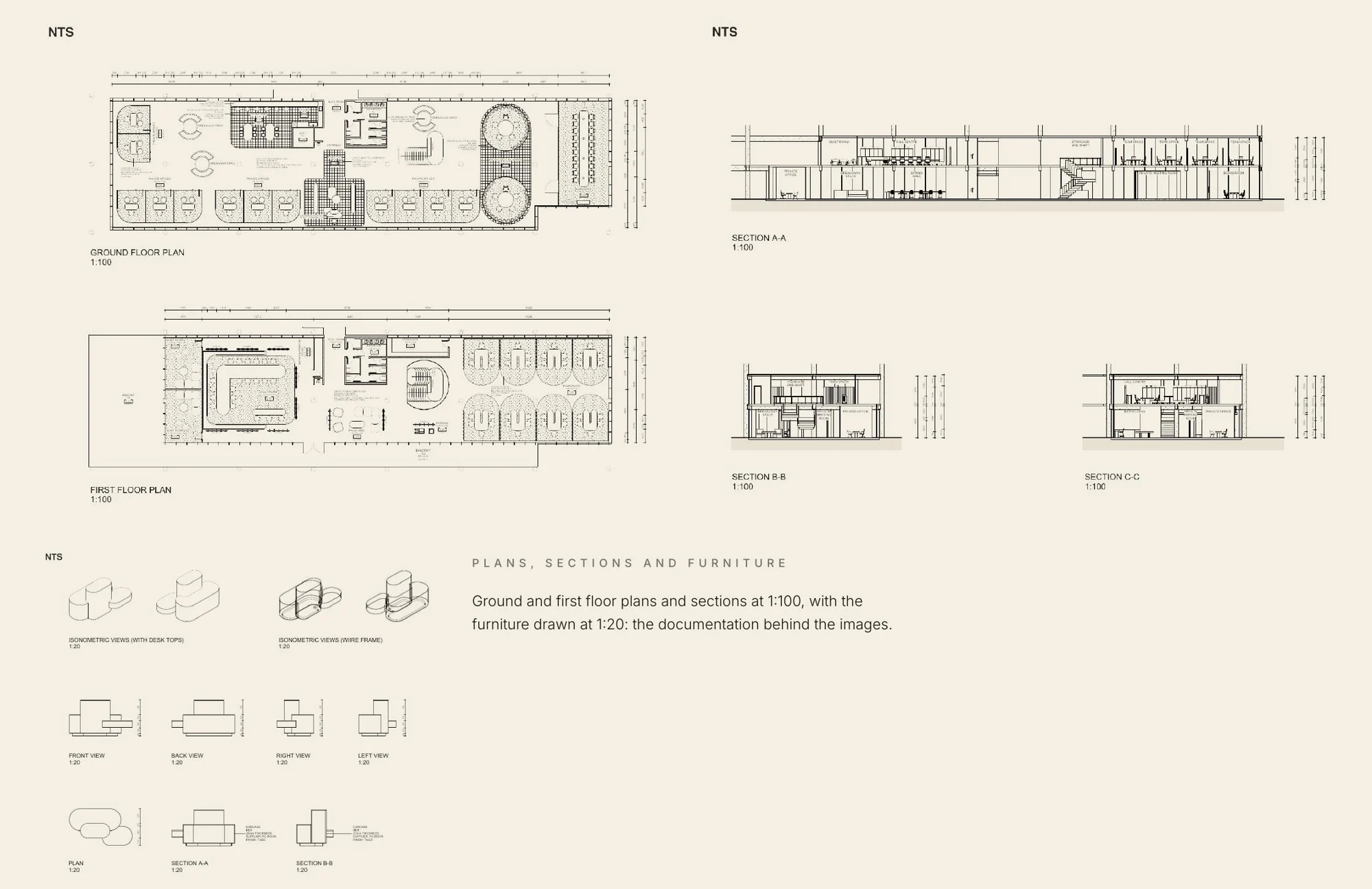 Ground and first floor plans and sections at 1:100, furniture at 1:20