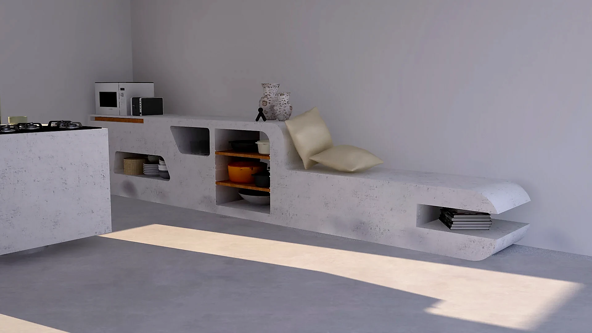 Cement-finished kitchen run with open display storage and integrated seating