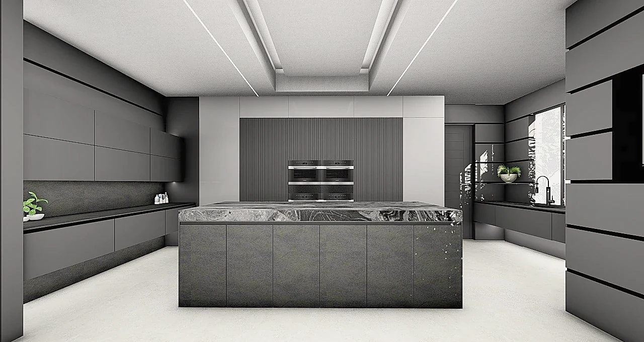 Symmetrical view of the island with the fluted appliance wall behind