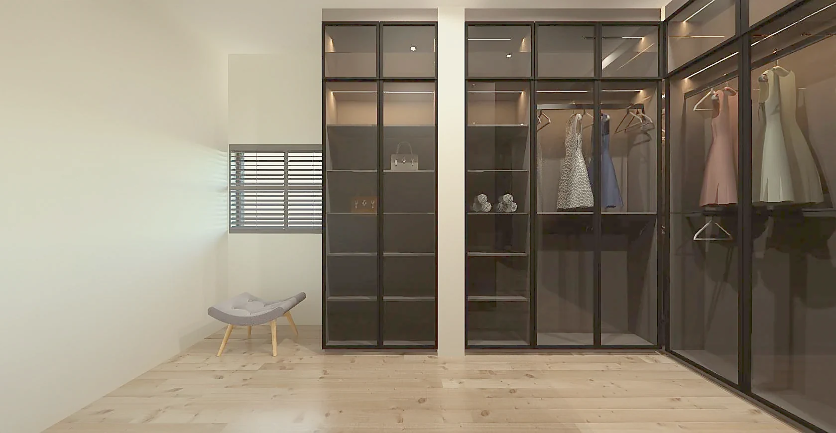 The end wall with bench, shuttered window and the first run of glazed cabinetry