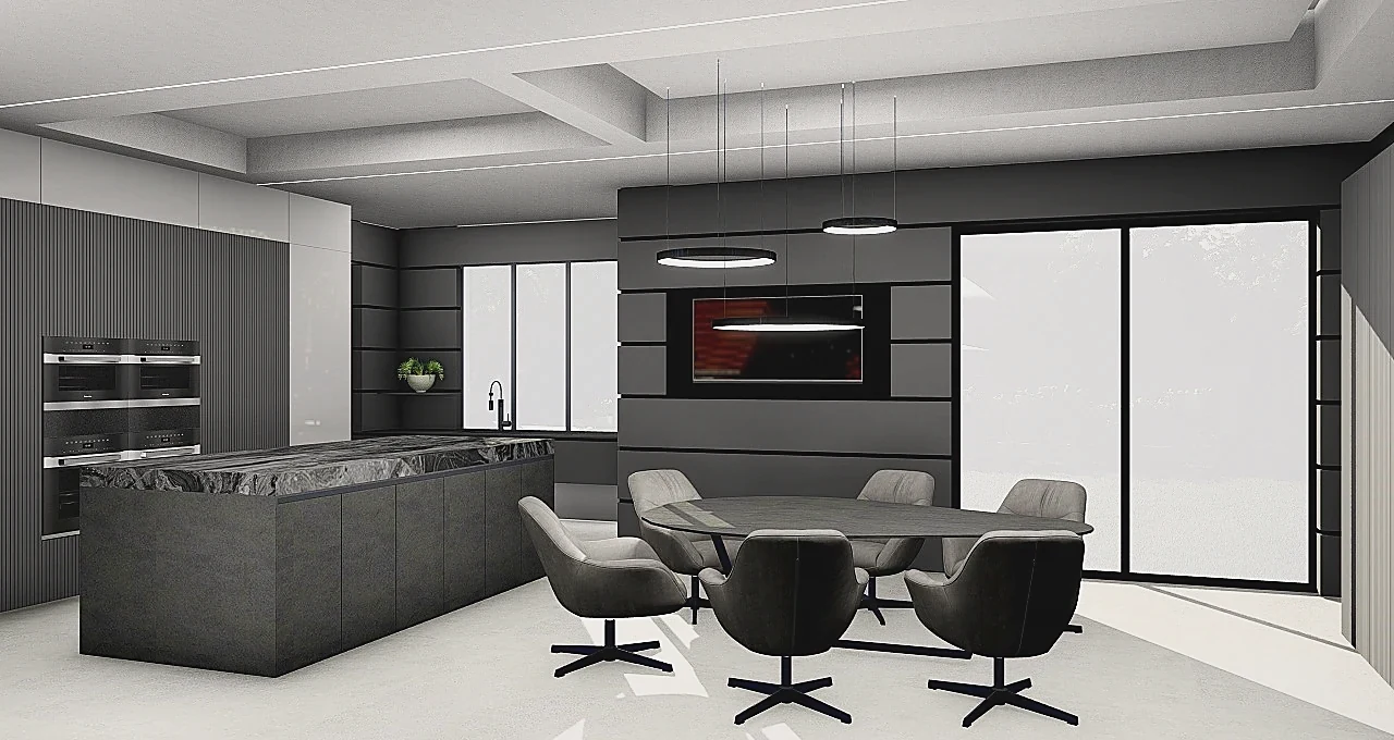 Kitchen and dining seen together, island cantilevered towards the table
