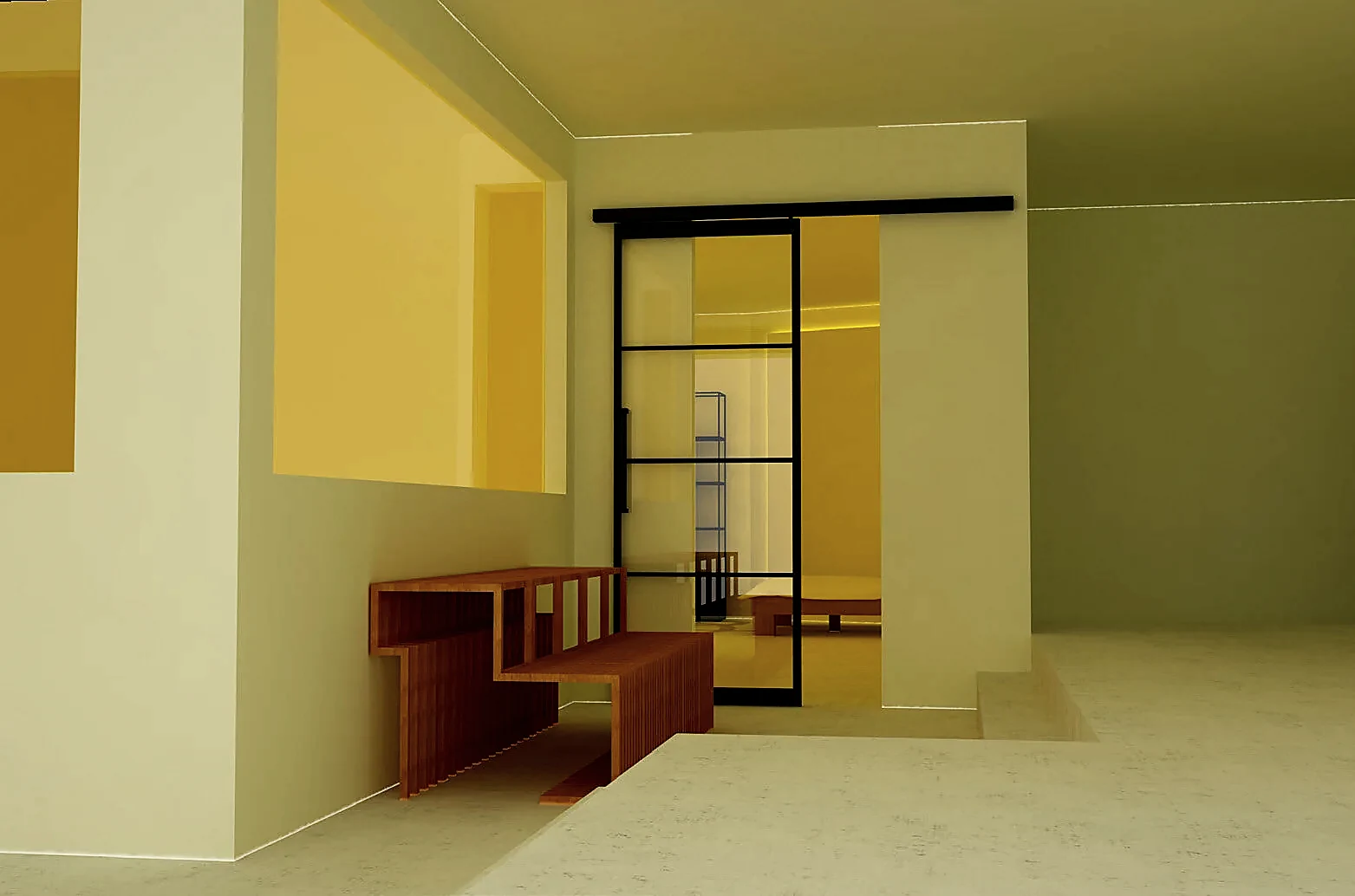 Minimal apartment interior with sunken living area and tinted glazing casting warm light