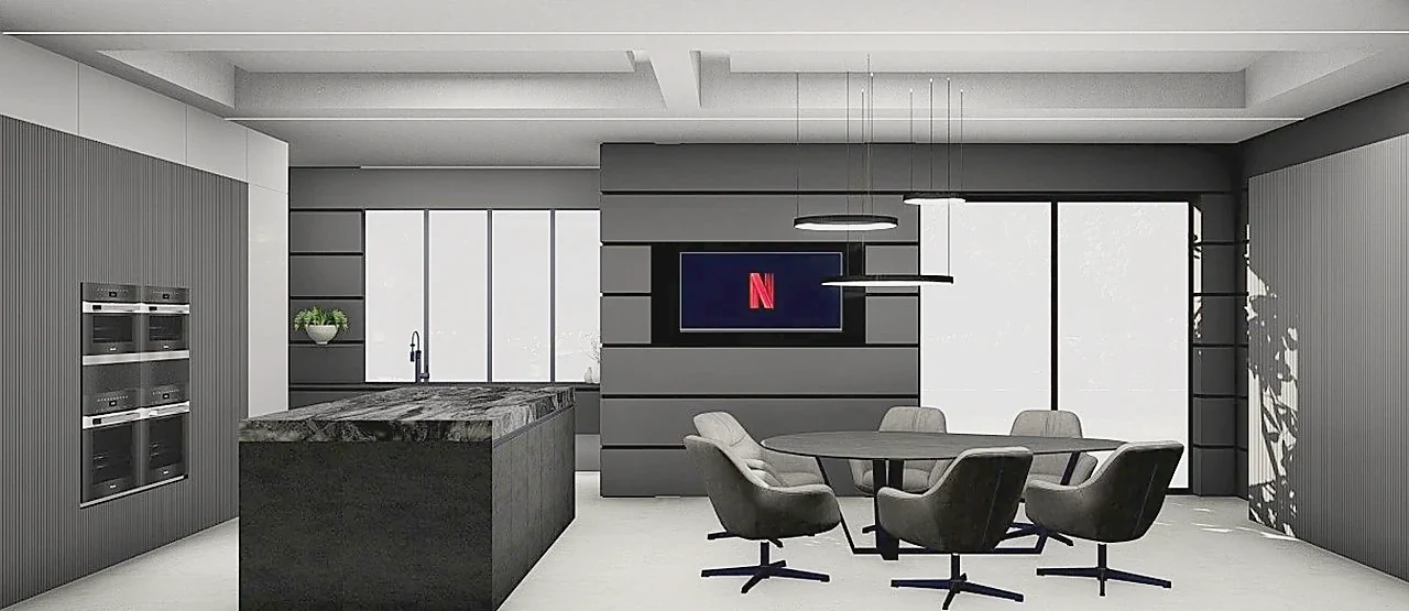 Kitchen and dining from the far corner with the media wall in view