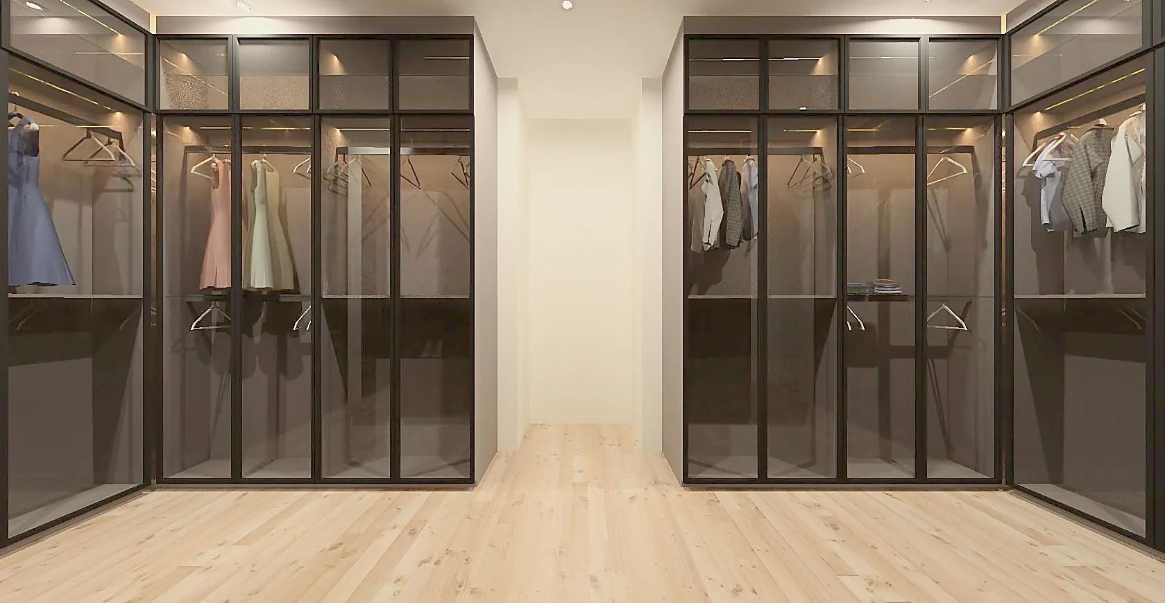 Cases facing each other down the length of the room