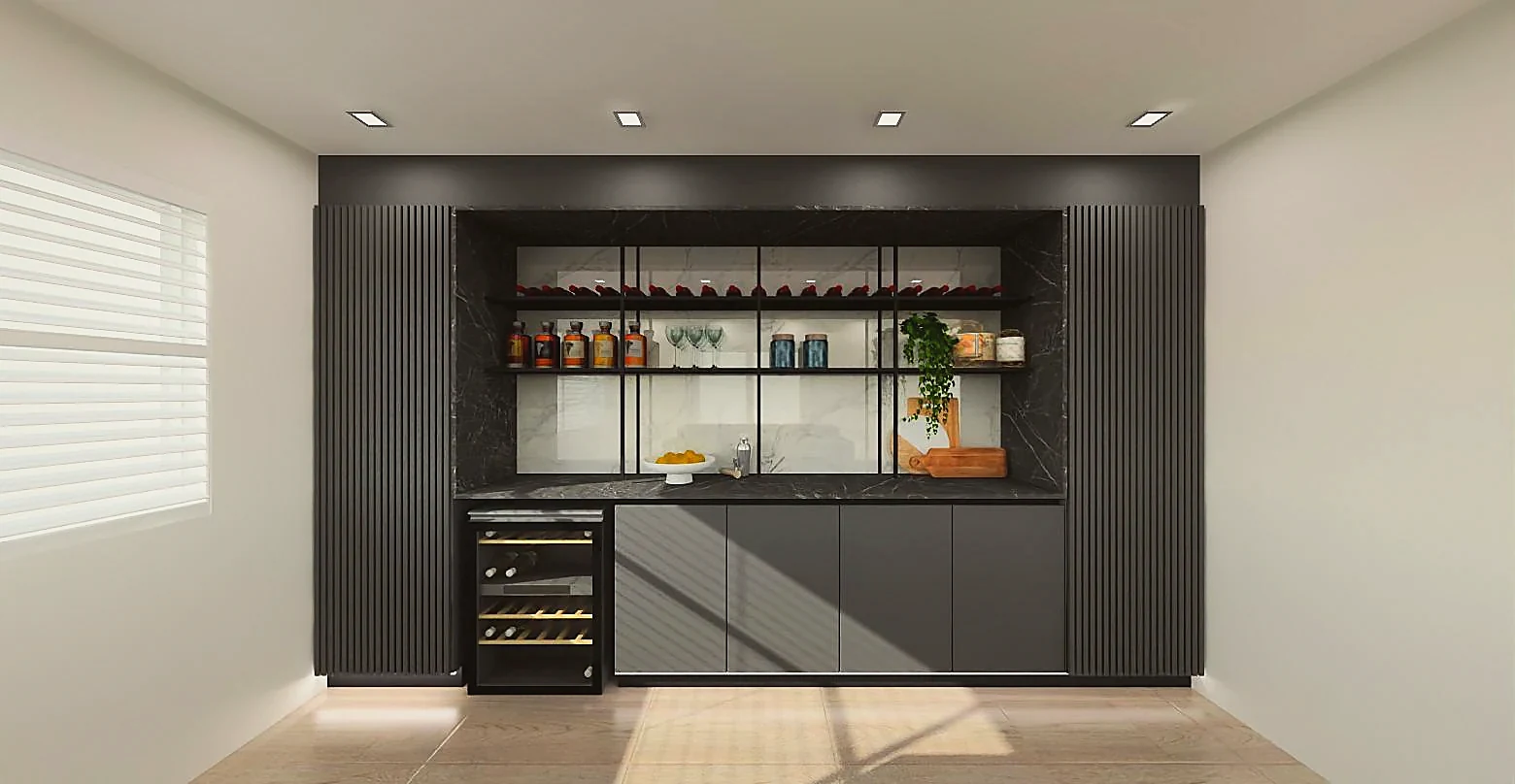 Kiara bar — dark marble back panel, glazed shelving and slatted returns
