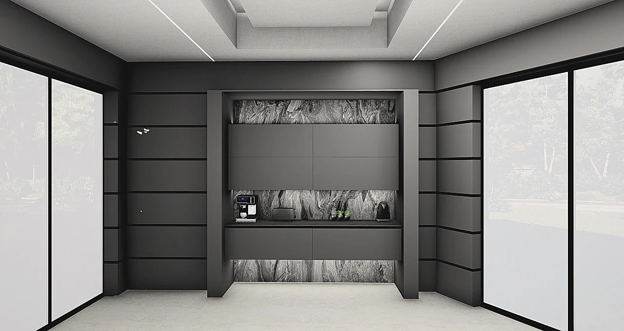 Coffee and breakfast recess with stone lining above and below the shelf