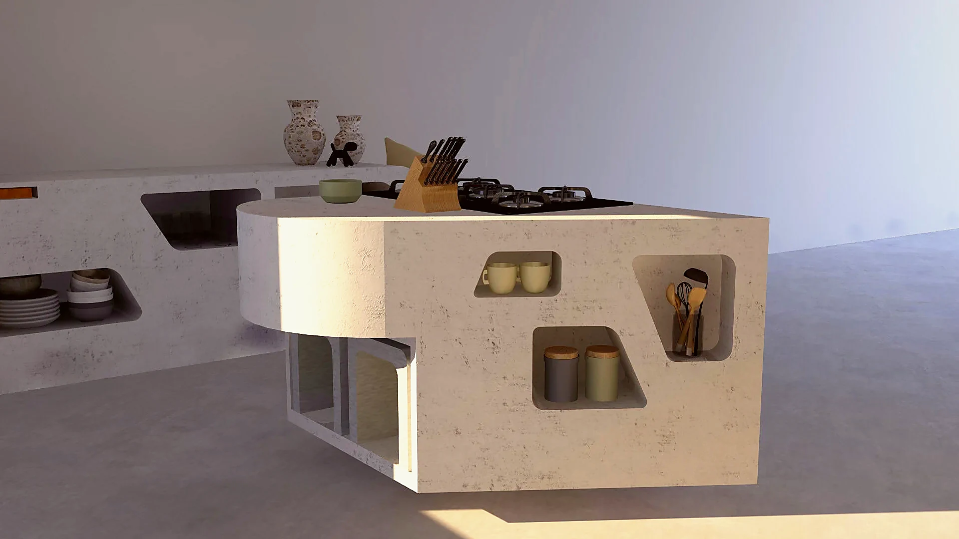 Integrated seating extracted from the island
