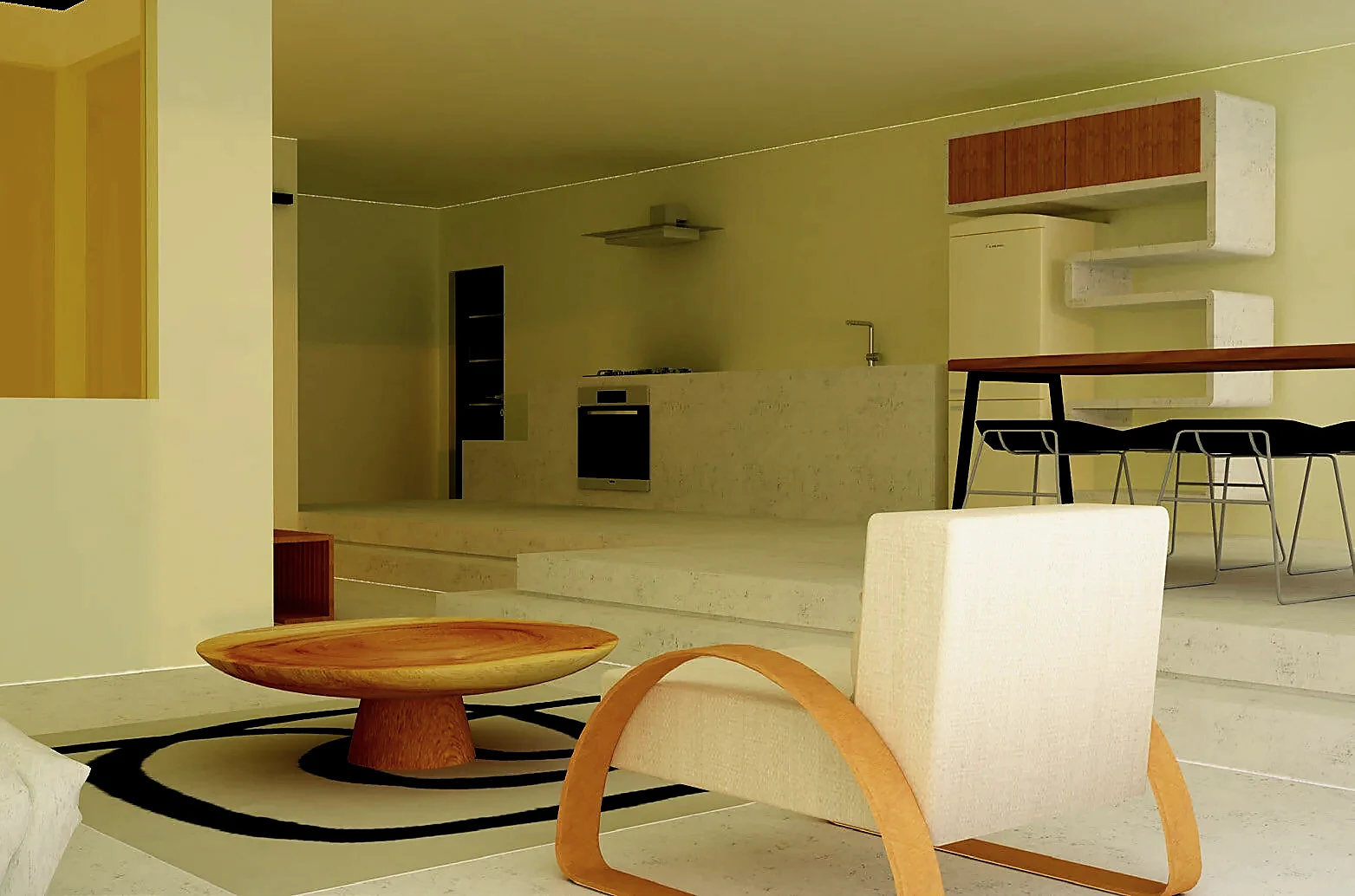 Yellow-tinted glazing warming a minimal palette