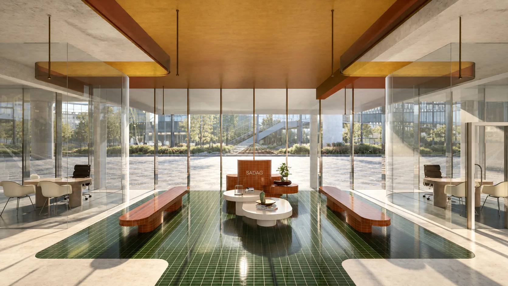 Circular curtained meeting room within the open plan